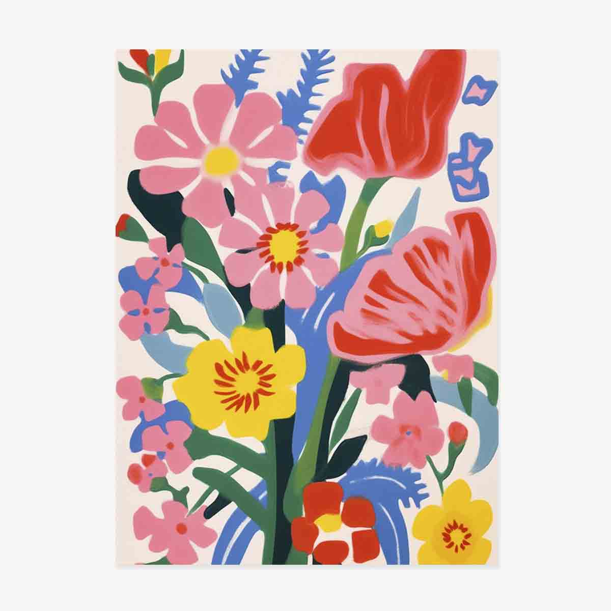 Poster mit einer Illustration von bunten Blumen, gezeichnet 1