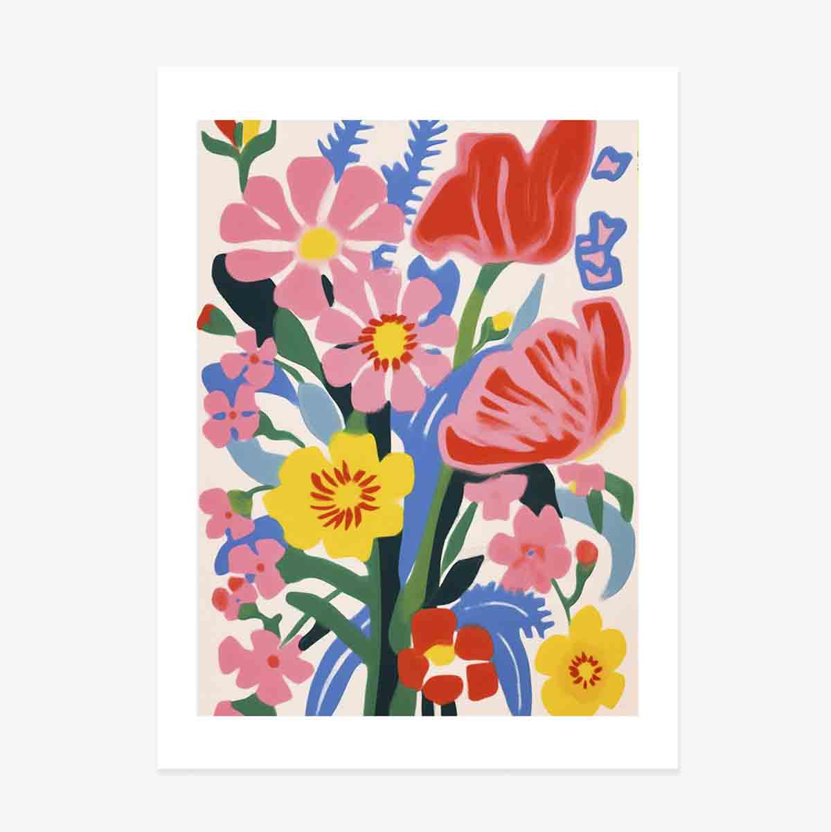 Poster mit einer Illustration von bunten Blumen, gezeichnet 1